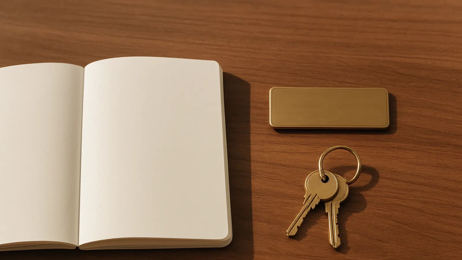 An open blank notebook beside a plain brass name plate and two brass keys on a ring, on a walnut counter.