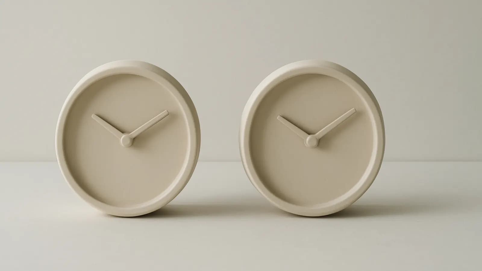 Two identical pale ceramic dials with blank unmarked faces standing side by side on a neutral studio surface.