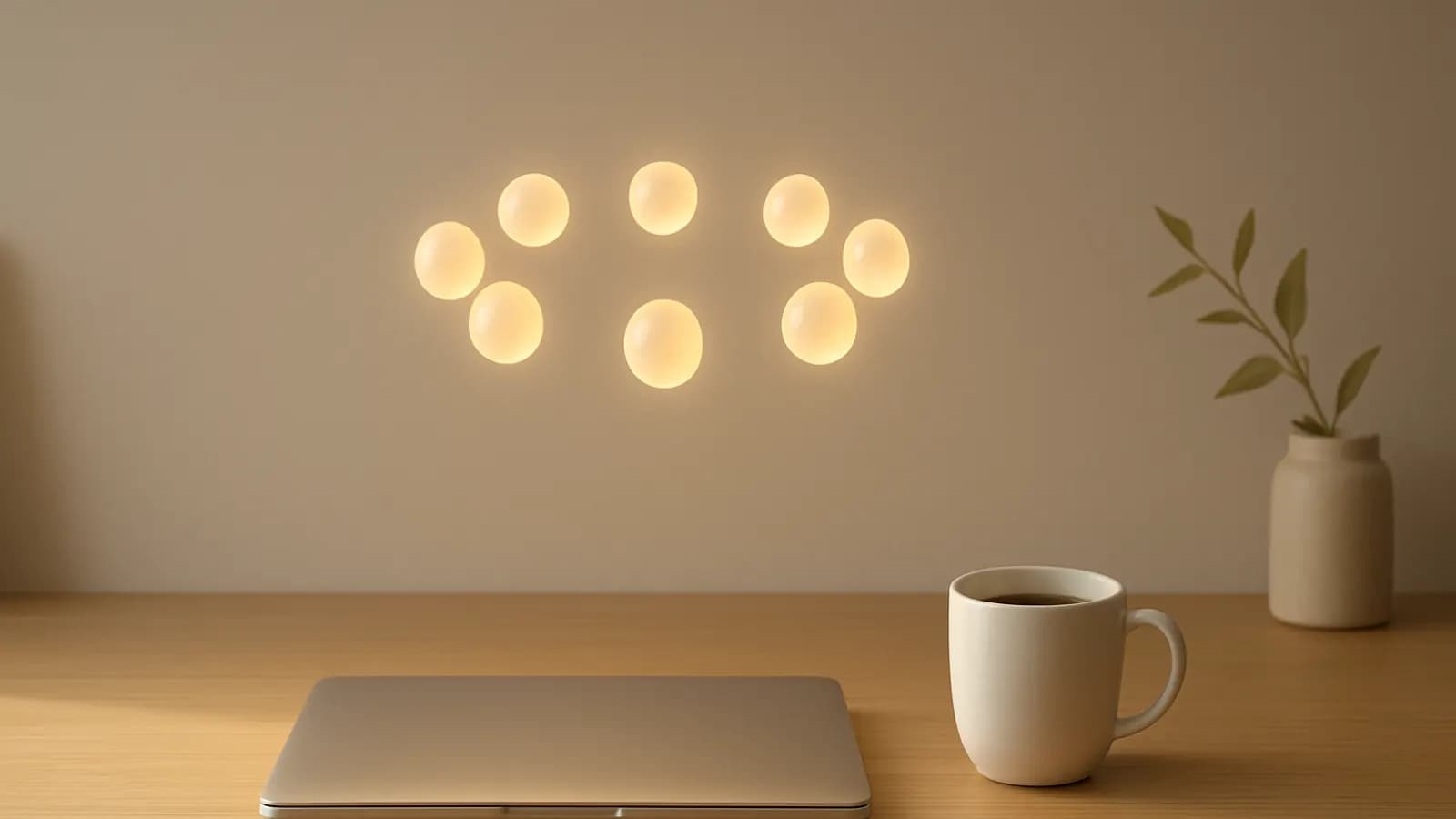 A tidy desk with a closed laptop and a coffee cup under a ring of softly glowing orbs, suggesting AI agents working in the background