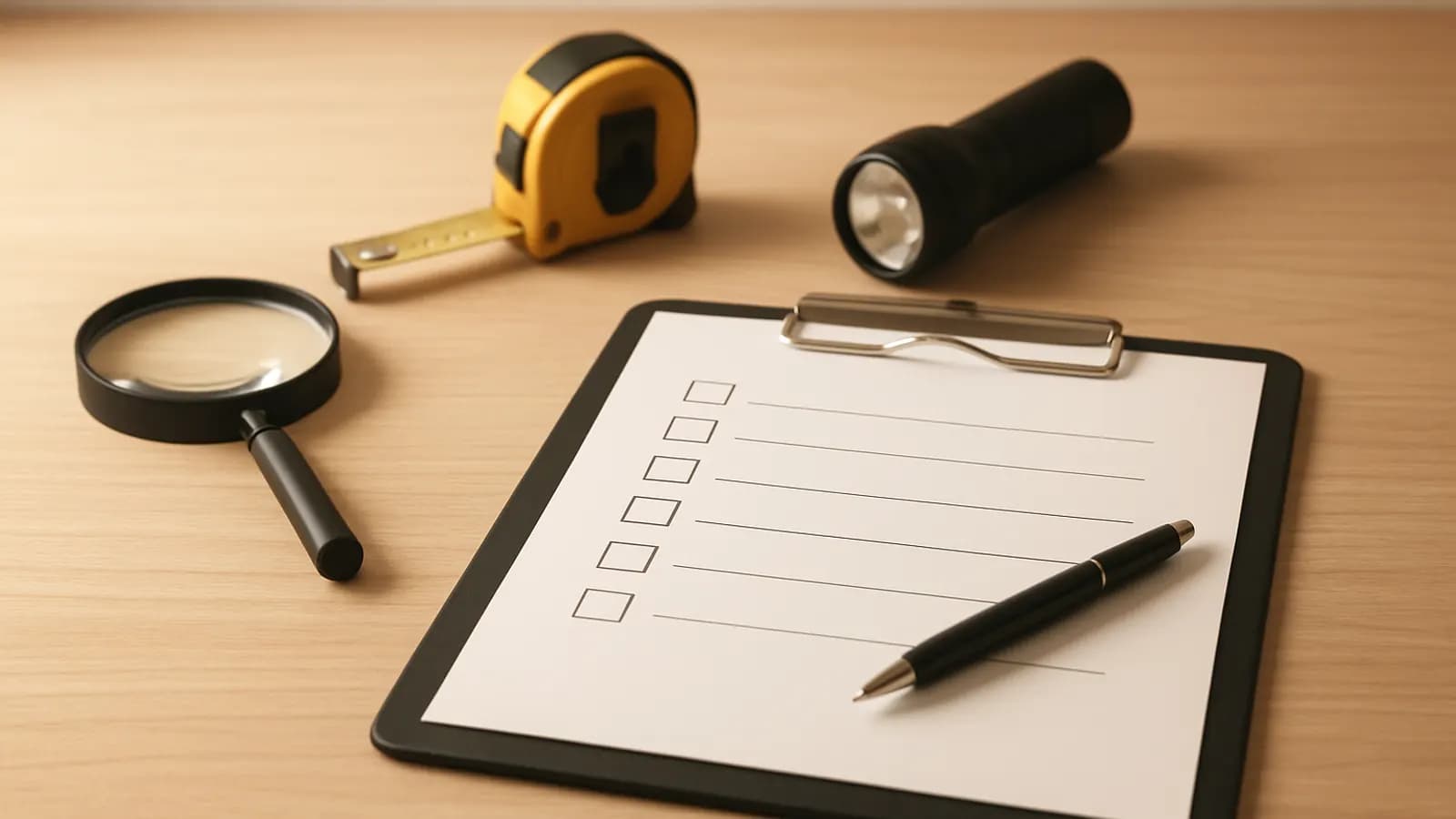 A clipboard with a blank checklist and a pen on a wooden desk beside a magnifying glass, a tape measure and a flashlight.
