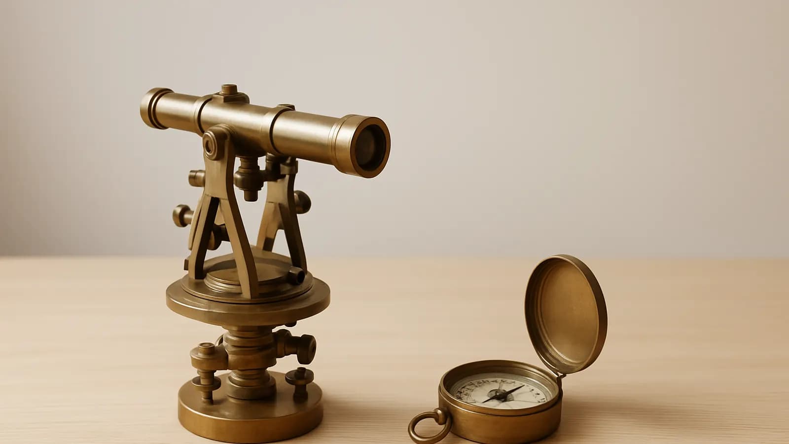 A brass surveyor's telescope on a tripod base beside an open brass pocket compass on a pale wooden table.