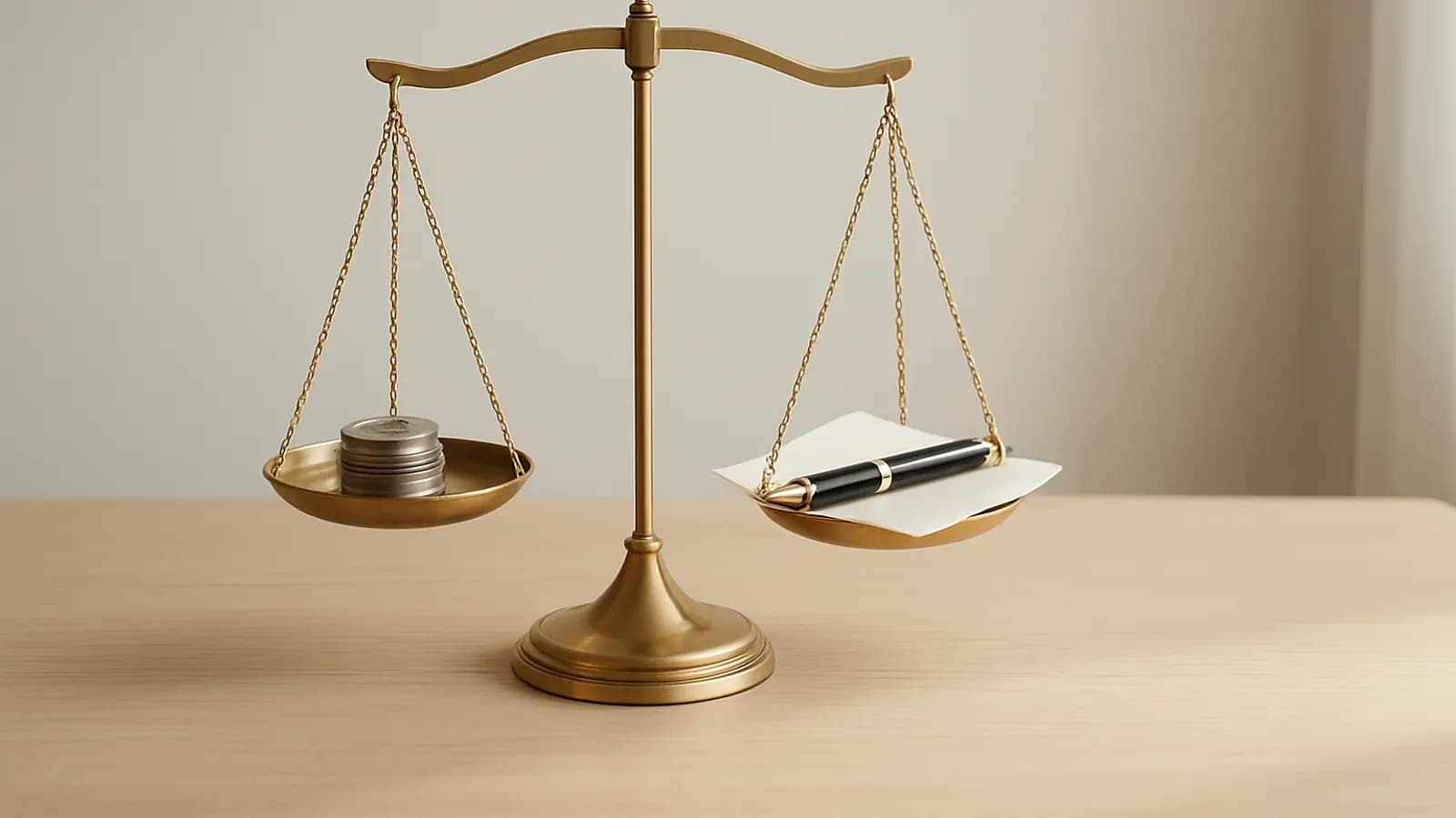 A brass balance scale on an oak desk, one pan holding a stack of metal tokens and the other a fountain pen on folded paper.