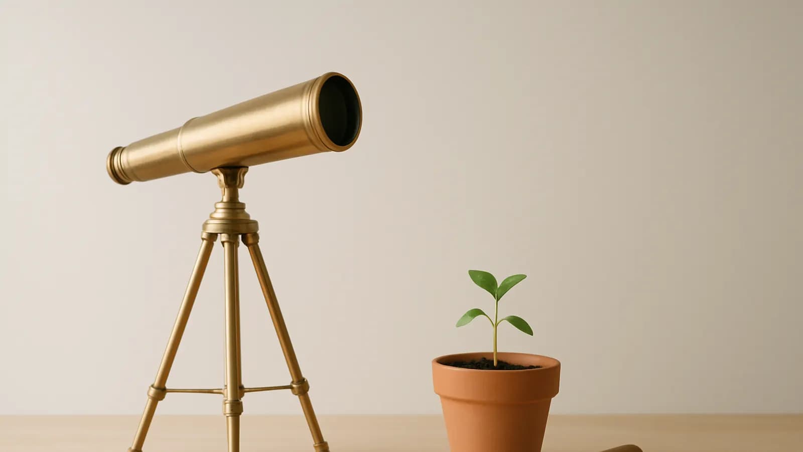 A brass telescope on a small tripod beside a terracotta pot holding a green seedling, on a pale wooden table.