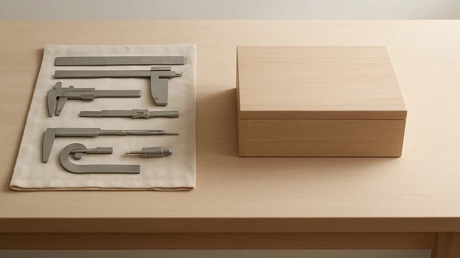 A set of steel measuring tools laid out on a cloth beside one finished pale wooden box on a workbench.