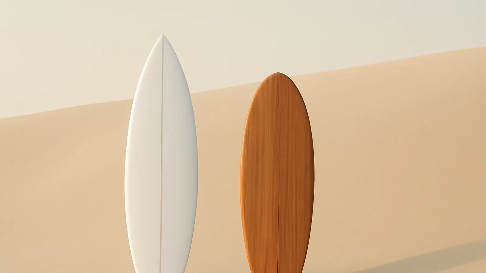 Two surfboards, one sleek white board and one compact wooden board, standing upright side by side against a pale sand dune in morning light.