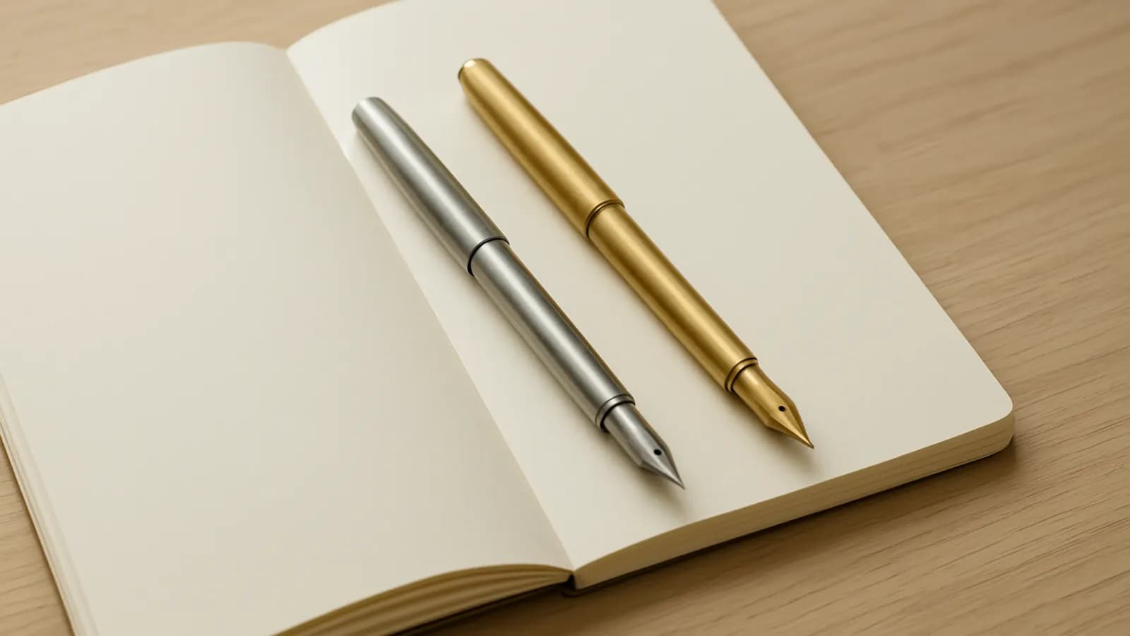Two fountain pens, one steel and one brass, lying side by side on an open blank notebook on a light oak desk.
