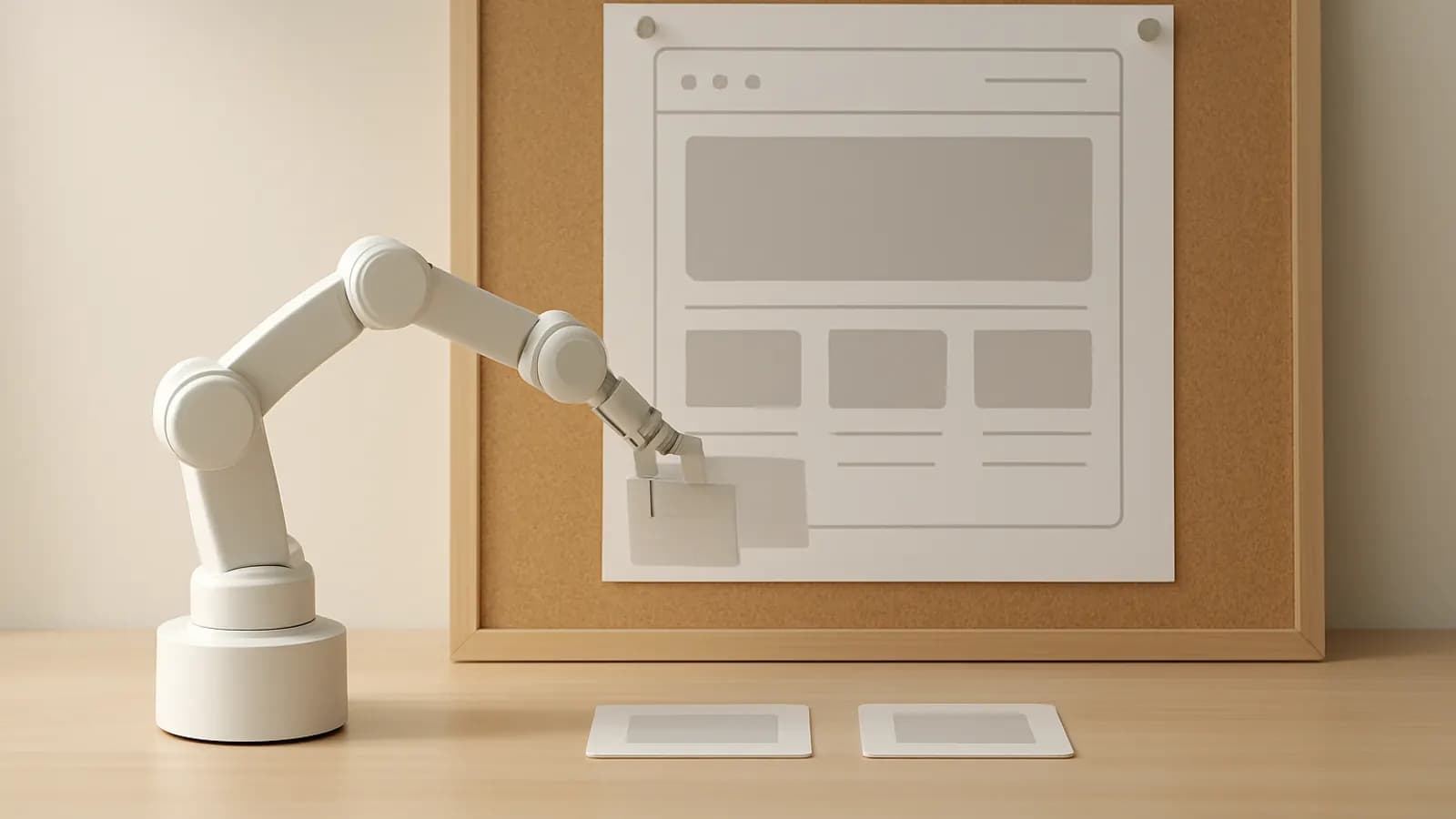 A small robotic arm on a wooden desk placing paper cards onto a corkboard laid out like a website wireframe