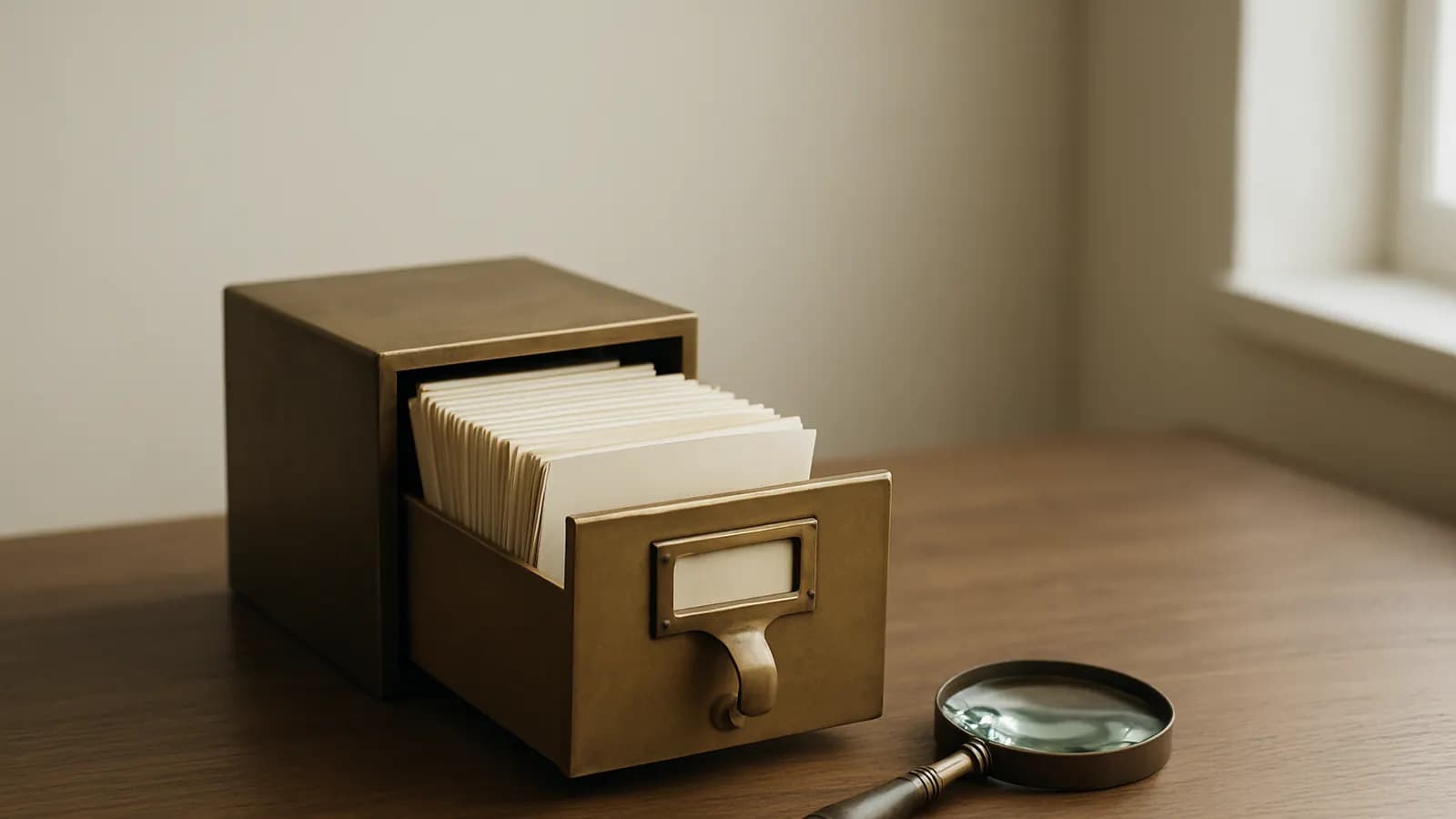 A brass card-catalog drawer pulled open with index cards inside, next to a magnifying glass on a wooden desk by a window.