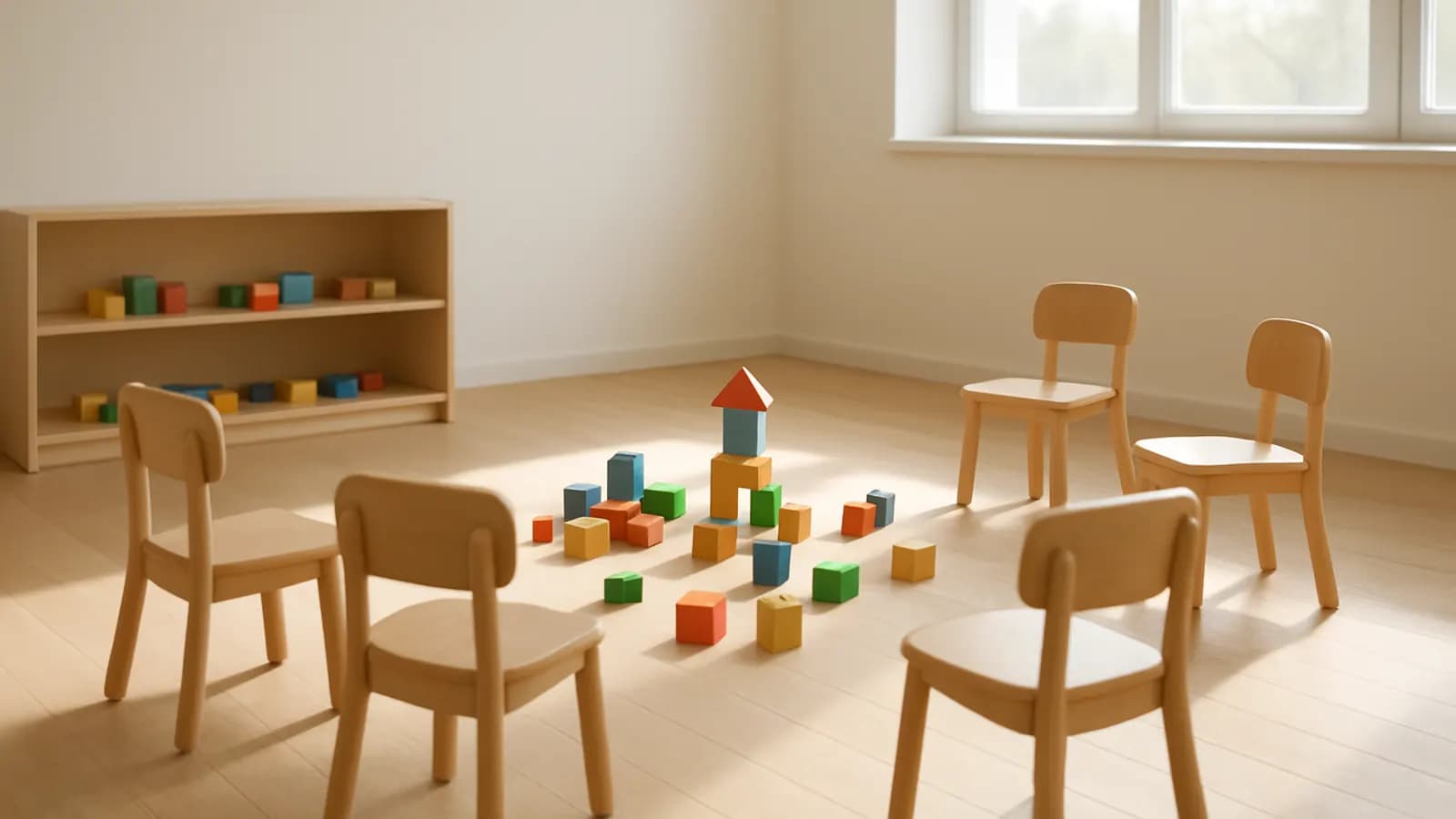 A sunlit, empty daycare classroom with small wooden chairs around a pile of colourful building blocks and a low shelf