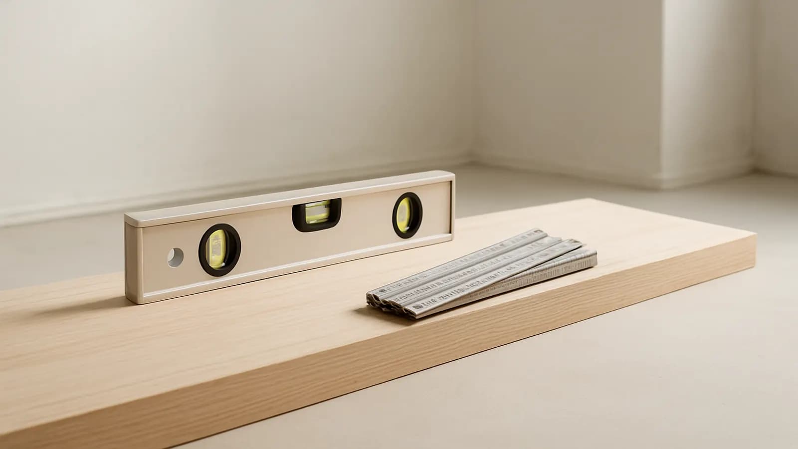A spirit level and a folded wooden rule resting on a sanded pale oak plank in a white, half-renovated room.