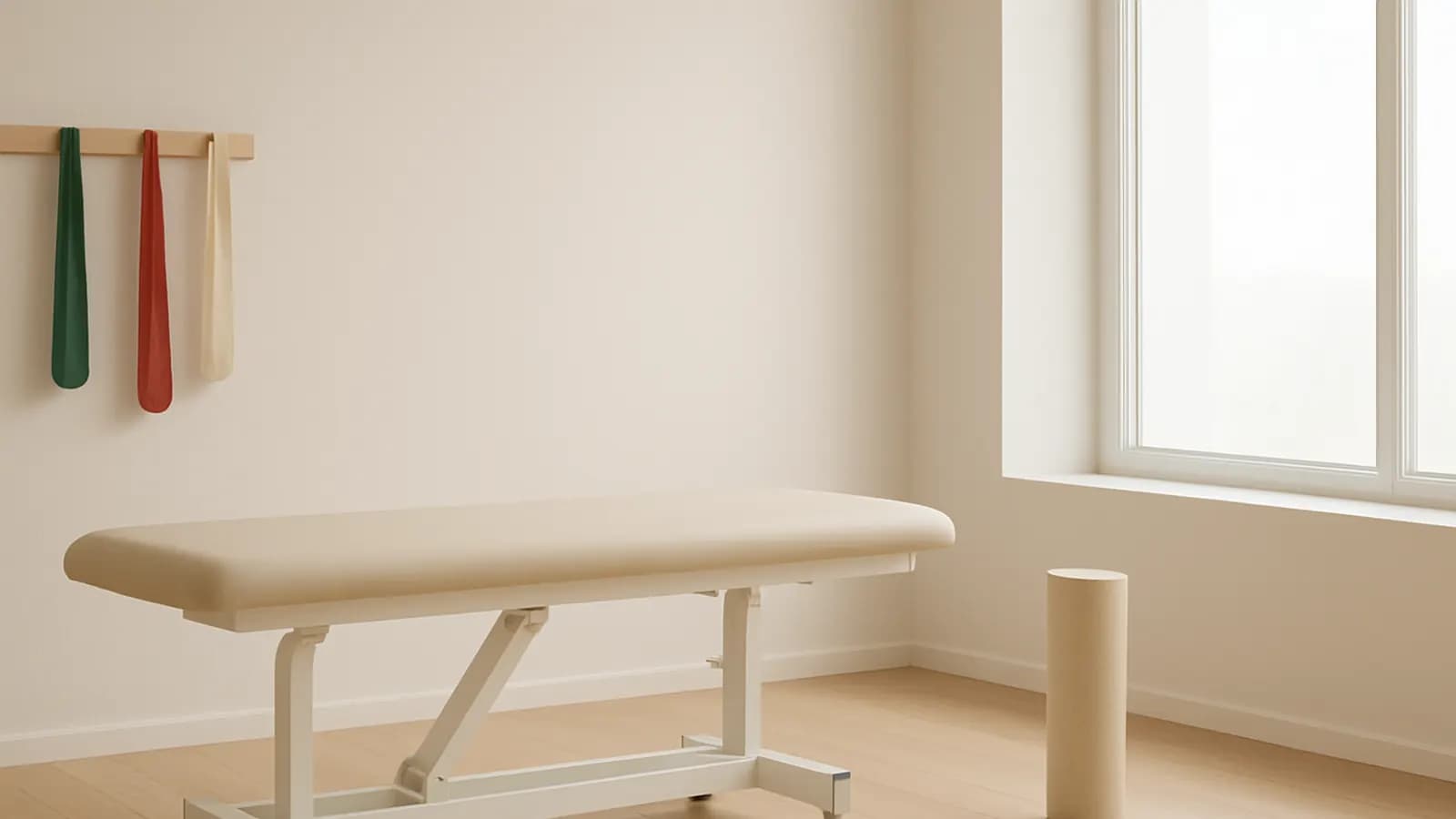 An empty, bright physical therapy room with a padded treatment table, resistance bands hanging on the wall and a foam roller by a large window.
