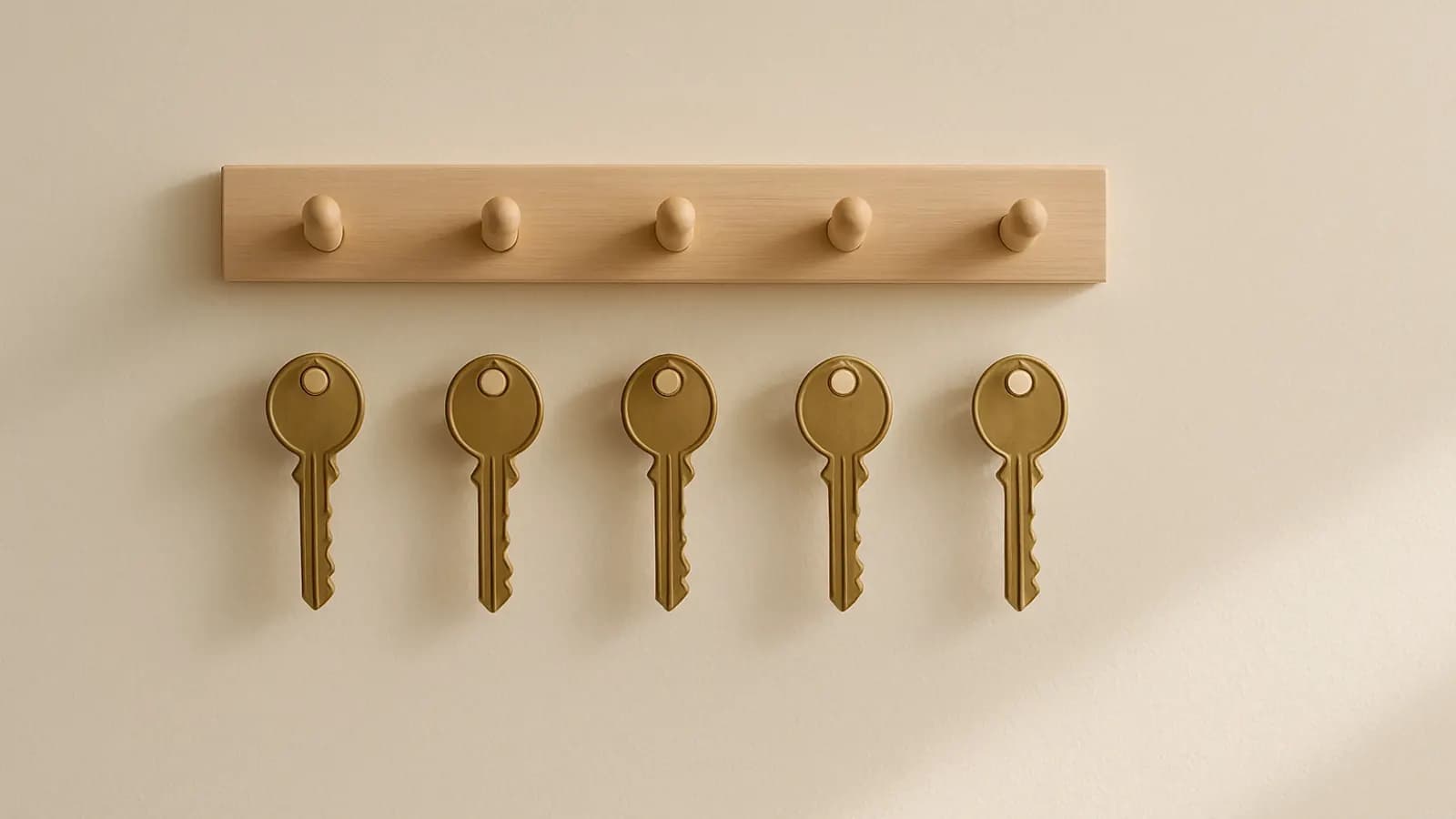 Five brass door keys in a row beneath a wooden peg rail on a pale wall.