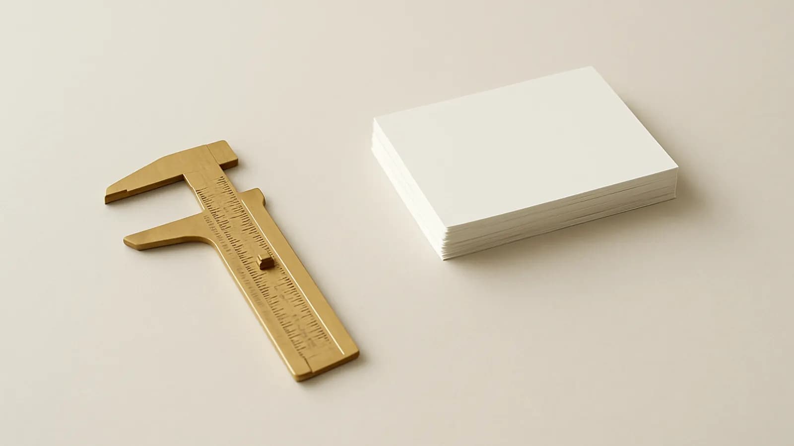 A brass sliding caliper lying beside a neat stack of blank white index cards on a pale tabletop.