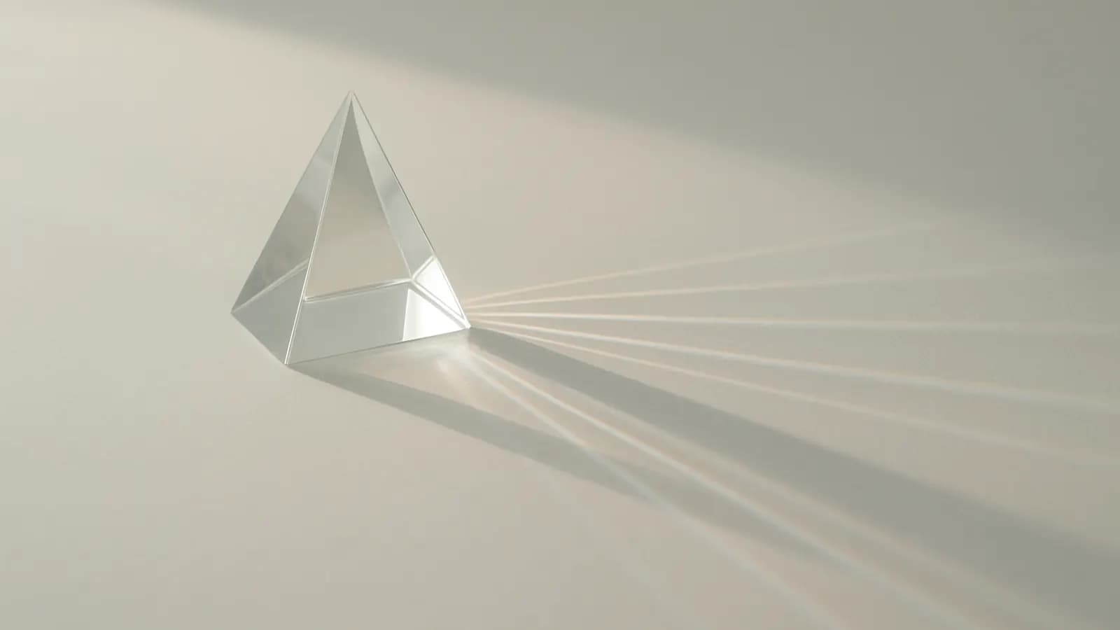 A clear glass prism on a pale surface splitting one beam of light into several thin beams that fan out across the table.