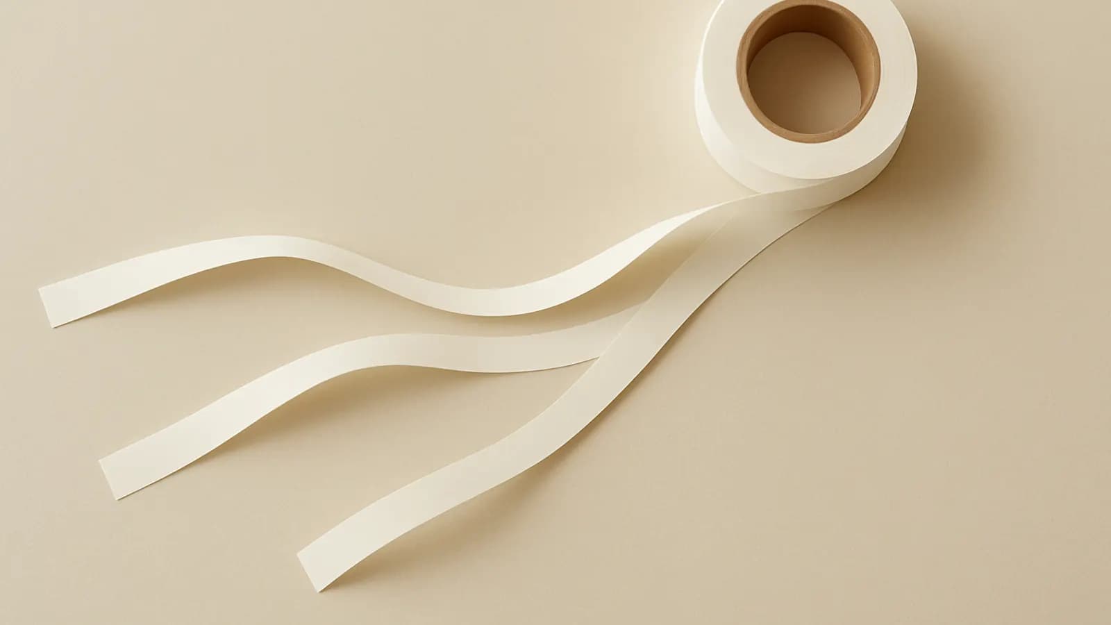 A roll of plain paper tape unspooling across a beige surface and splitting into three separate strips.