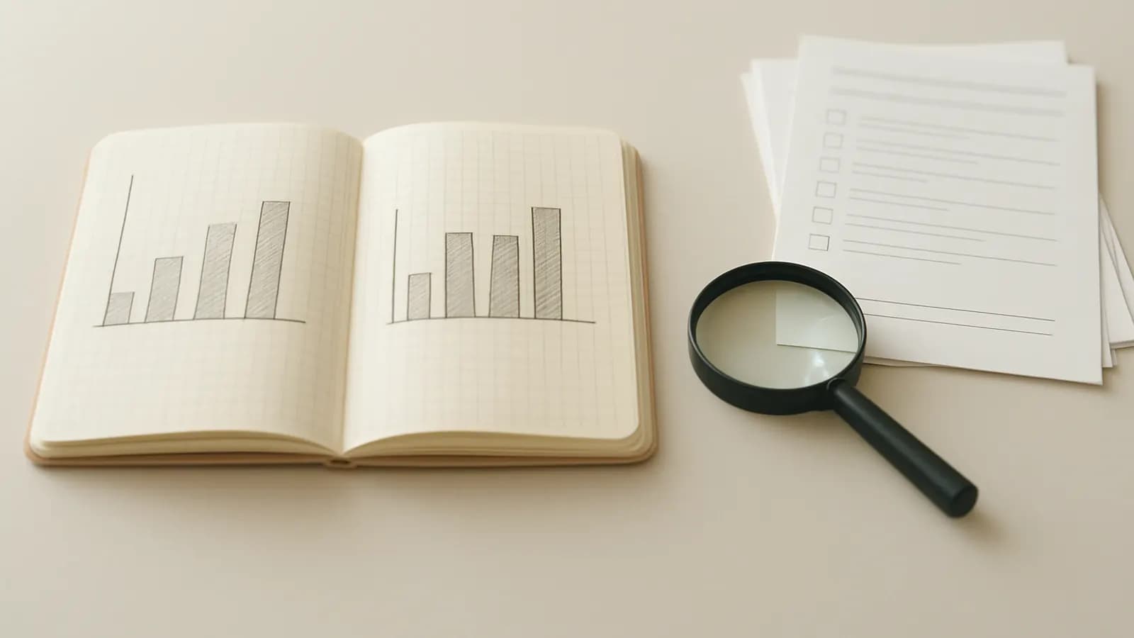 An open notebook with two hand-drawn bar charts beside a magnifying glass and a stack of printed checklist forms