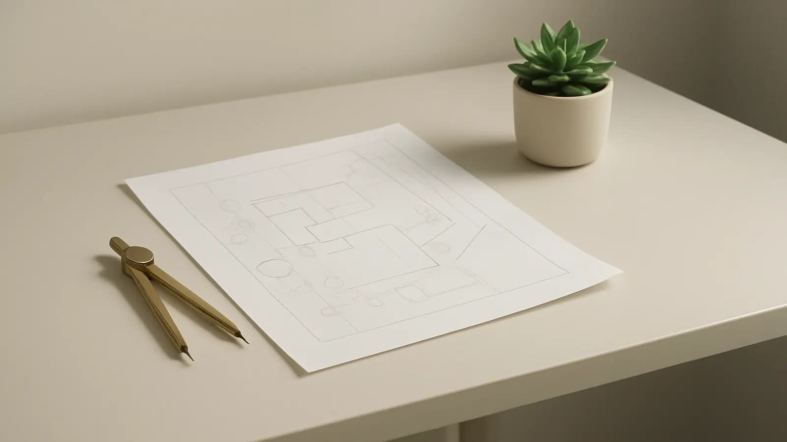 A pencil-drawn floor plan on a pale desk beside a brass drawing compass and a small potted succulent.