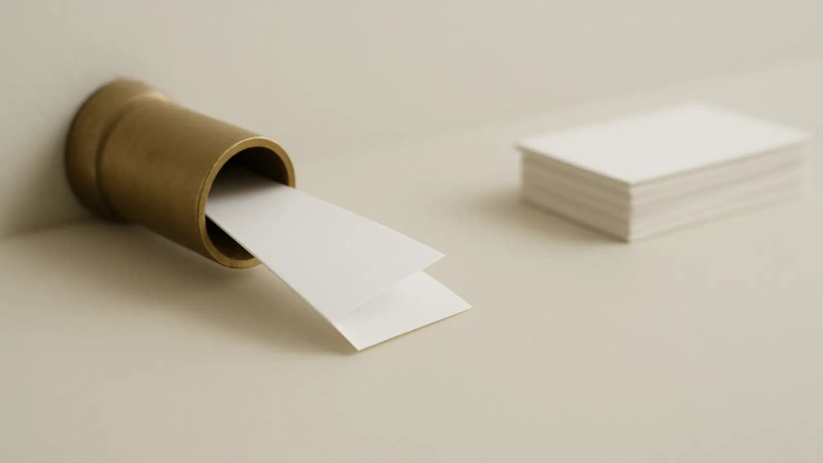 A folded white paper note coming out of a brass tube on a pale desk, with a neat stack of blank cards behind it.