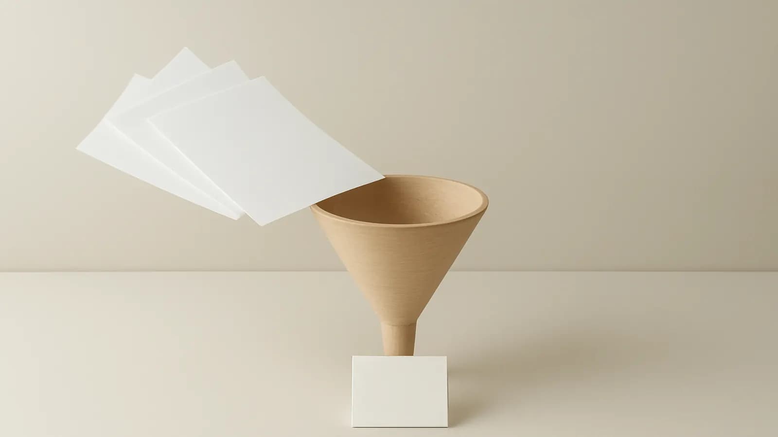 Four blank sheets of paper fanned above a wooden funnel with one small blank card standing below it.