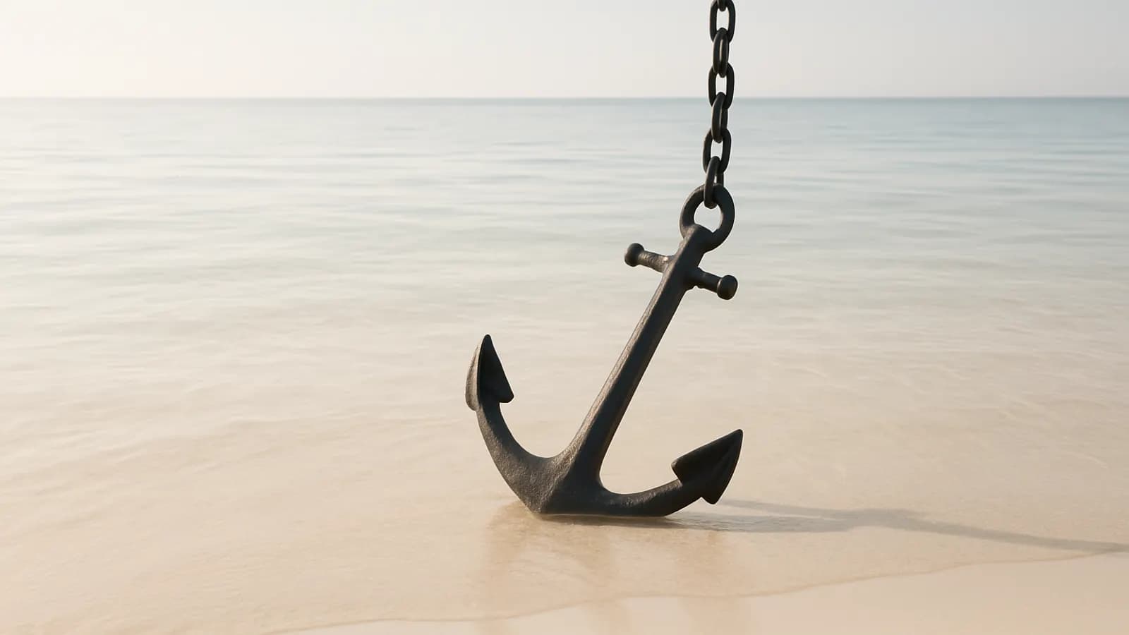 A dark iron anchor on a chain resting in clear shallow water over pale sand, with a calm sea behind it.