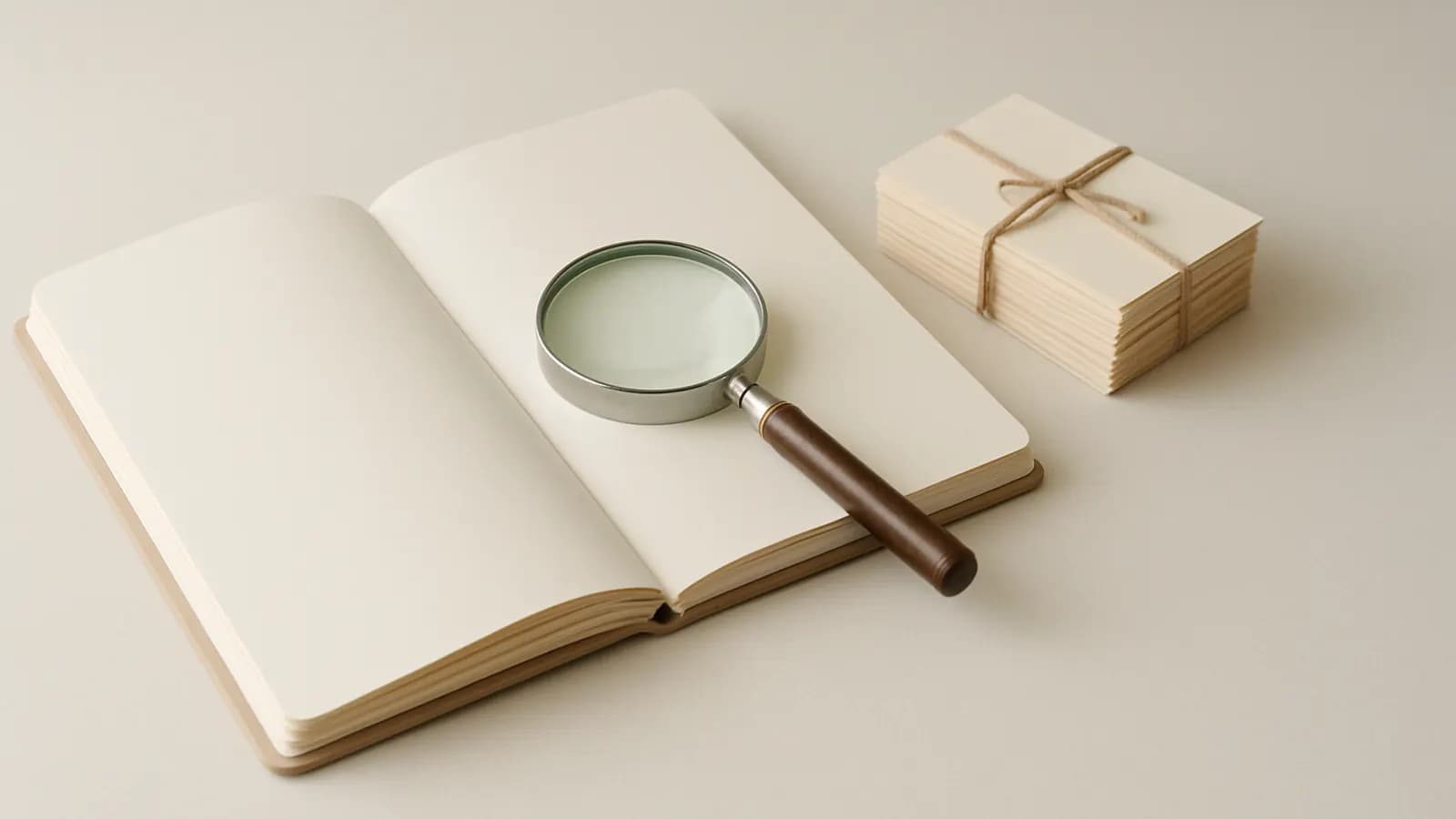 An open blank notebook with a magnifying glass lying on its page, next to a stack of index cards tied with string.