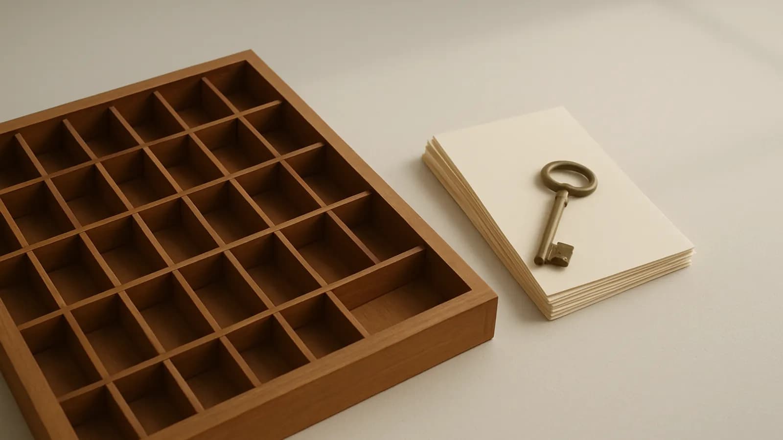 An empty wooden type case with neat square compartments beside a stack of cream cards with an old brass key on top.