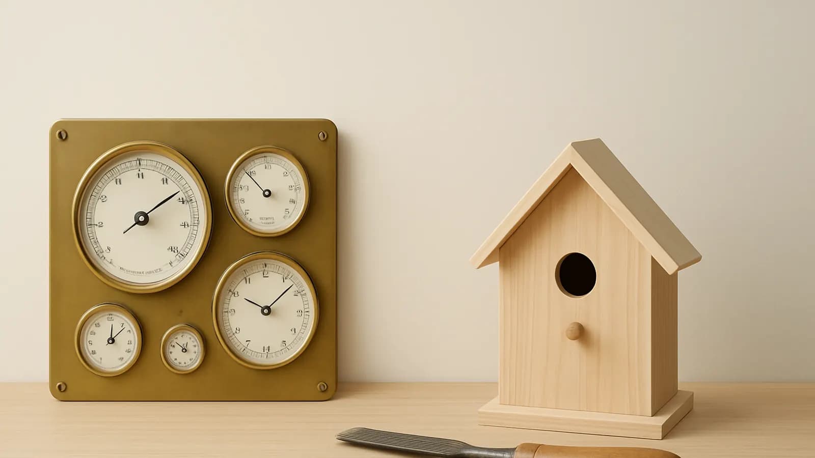 A brass panel of five dial gauges beside a plain finished wooden birdhouse and a hand file on a light oak table.