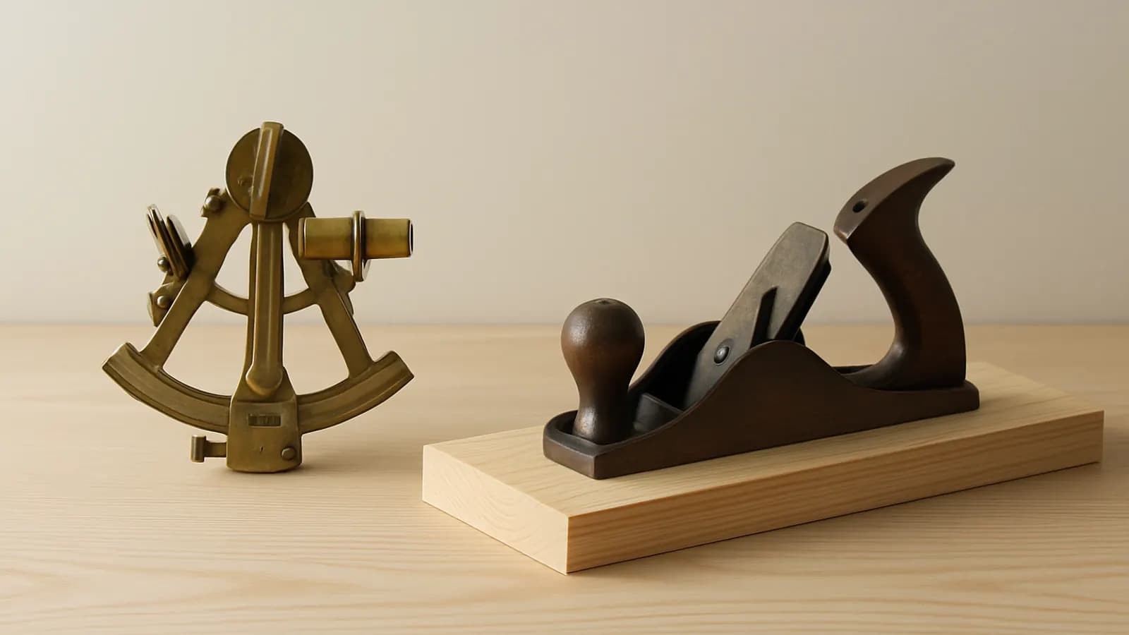 A brass sextant standing beside a wooden hand plane resting on a fresh pine board on a pale oak desk.