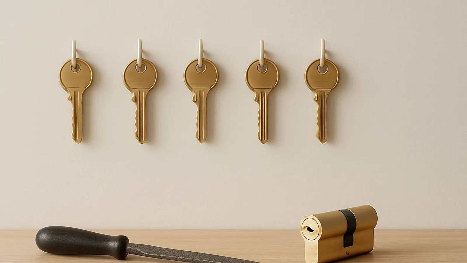 Five brass keys hanging in a row on a cream wall above a brass lock cylinder and a file lying on a wooden shelf.