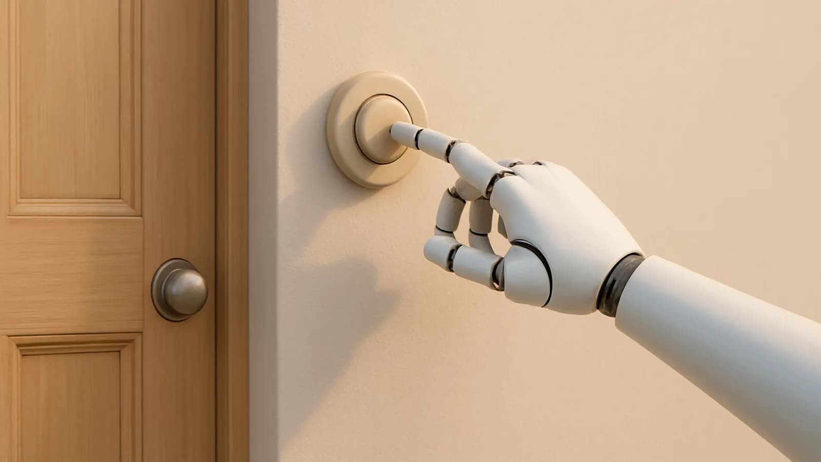 A white robotic hand pressing a round brass doorbell on a cream wall beside a wooden front door.