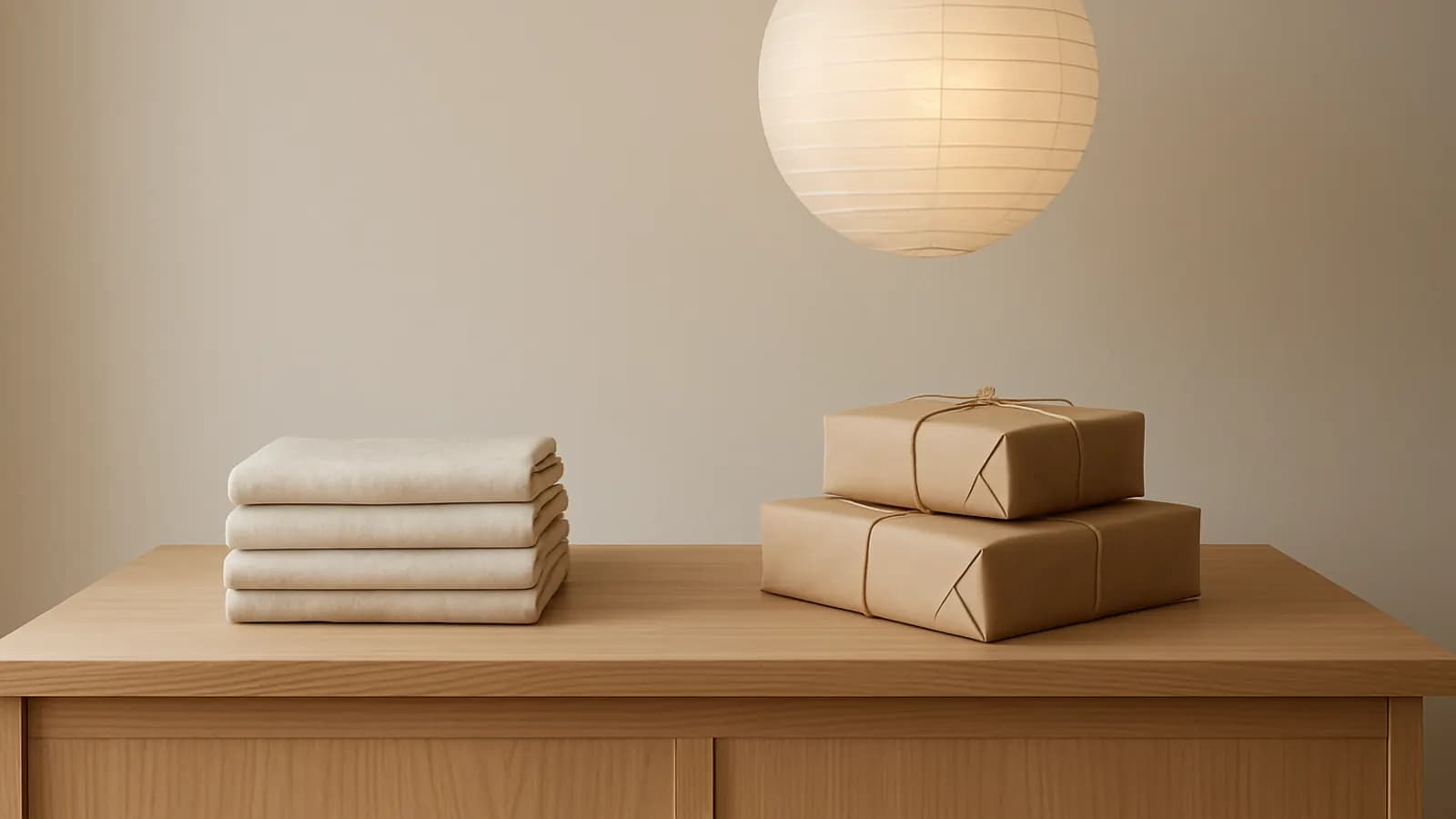 A stack of folded cream linen and two kraft-paper parcels tied with string on a wooden sideboard under a paper lantern.