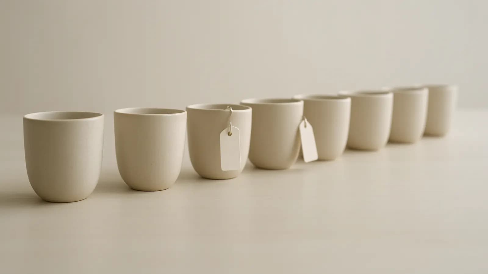 A row of identical cream ceramic cups on a long table, two of them tagged with small blank paper labels on string.