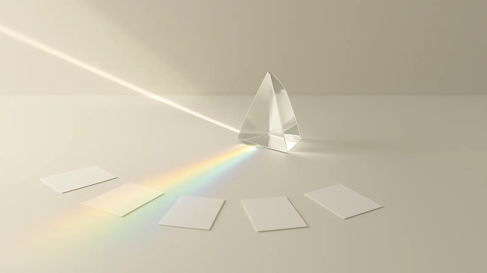 A beam of light passing through a glass prism and spreading into a rainbow toward five blank white cards in an arc.